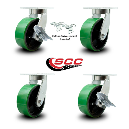 Service Caster 8 Inch Heavy Duty Green Poly on Cast Iron Caster Swivel Lock 2 Brakes SCC, 2PK SCC-KP92S830-PUR-GB-BSL-2-SLB-2
